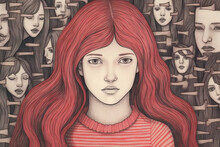 Generative AI Illustration Portrait Of Young Female With Red Hair Looking At Camera While Standing Near Wall Representing Bullying