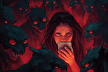 Generative AI Illustration Of Frightened Woman Reading Messages On Smartphone Among Monsters In Red Illumination With Mental Health And Cyberbullying