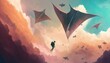 surreal world concept showing diver and manta rays flying in the cloudy sky, illustration painting, Generative AI