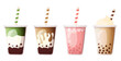 Different type of bubble tea collection. Popular asian soft boba drink.