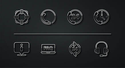 Poster - Set line Lifebuoy, Information, Telephone 24 hours support, Laptop and FAQ, Headphones and icon. Vector