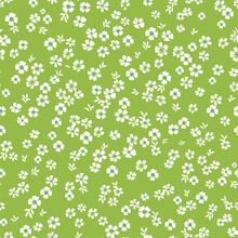 Cute Floral Pattern In A Small Flower. Seamless Vector Texture. An Elegant Template For Fashionable Prints. Print With Small White Flowers On A Green Background.
