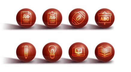 Poster - Set line Exam sheet with A plus grade, Marker pen, Chalkboard, Online class, Light bulb idea, Open book and American Football ball icon. Vector