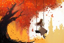 Woman On A Swing Under Autumn Tree, Illustration Painting, Generative AI