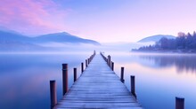  A Dock On A Lake With Mountains In The Background At Dusk With Fog On The Water And A Few Clouds In The Sky Above It.  Generative Ai