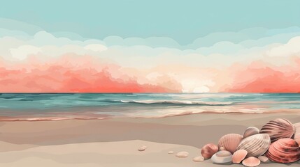  a painting of seashells on a beach with a pink sky in the background and a blue ocean in the foreground with clouds.  generative ai