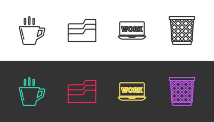 Poster - Set line Coffee cup, Document folder, Laptop with text work and Trash can on black and white. Vector