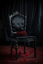 Black Chair With Red Roses, Gothic Wedding Party. Red Rose On A Retro Chair.. Gothic Wedding Decoration