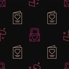 Sticker - Set line Music note, Greeting card and Lock and heart on seamless pattern. Vector