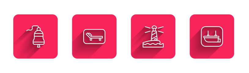 Sticker - Set line Ship bell, Sunbed and umbrella, Lighthouse and Lifeboat with long shadow. Red square button. Vector