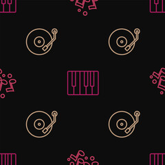 Poster - Set line Music note, tone, Vinyl player and synthesizer on seamless pattern. Vector