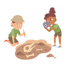Cute Boy And Girl Study Archeology Vector Illustration. Cartoon Scene With Little Archaeologists Characters Exploring Dinosaur Bones In Soil, Kids Paleontologists Playing, Holding Brush And Camera