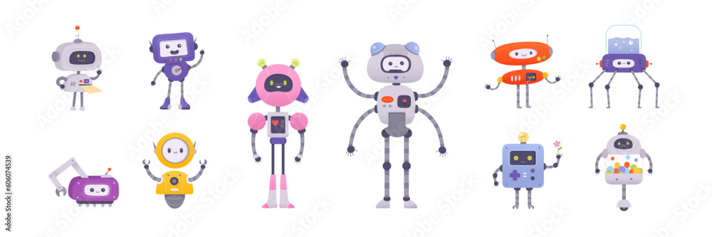 Cute robots set, digital mascot characters collection with modern AI ...