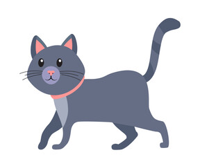  Cute cat walking in funny pose vector illustration. Cartoon isolated little gray animal with amusing whiskers on face, domestic cat with tail and paws, friendly expression of fluffy adorable kitten
