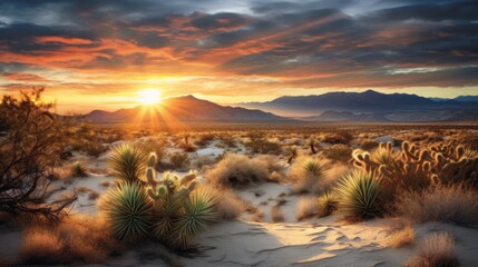 Sunset over a desert landscape. Generative AI