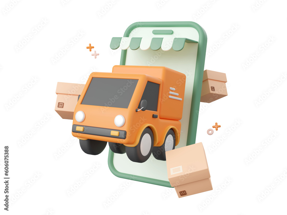 3d cartoon design illustration of Delivery truck shipping parcel boxes ...