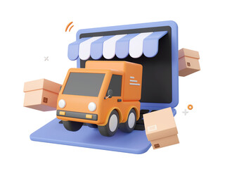 Wall Mural - 3d cartoon design illustration of Delivery truck shipping parcel boxes, Shopping and delivery service online.