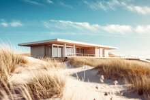 Beach House With Sand Dunes And  Grass Summer Vacation Home. Generative Ai Edited