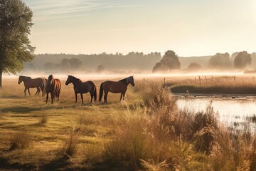 Sticker -  a group of horses standing on top of a grass covered field next to a river and a forest filled with trees on a foggy day.  generative ai