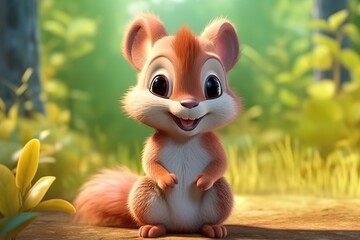 Wall Mural - a cute adorable baby squirrel character stands in nature in the style of children-friendly cartoon animation fantasy 3D style Illustration  created by AI