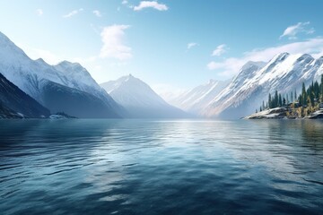 Canvas Print -  a lake surrounded by snow covered mountains and pine trees in the foreground, with a blue sky and clouds in the background, with a few clouds in the foreground.  generative ai