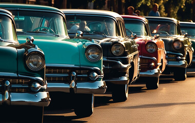 Poster - Vintage car parade in Caribbean culture, elegance shines generated by AI