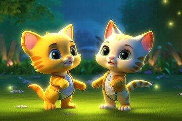 Wall Mural - a cute adorable two baby cats by night with light in nature rendered in the style of children-friendly cartoon animation fantasy style 3D style Illustration created by AI