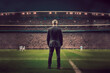 Back of Football Manager in Suit Standing Against the Soccer Stadium Created with Generative AI Technology