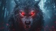 Sinister wolf shifter with red eyes in gloomy night forest shrouded in mist, scary werewolf grin in ominous dark woods ready for attack victim, evil werewolf hunter with red eyes, generative AI