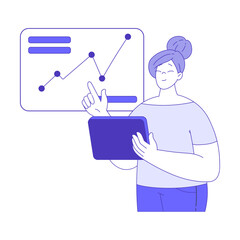 Sticker - Business Woman Character Holding Tablet with Financial Graphs and Statistics on Monitor Vector Illustration