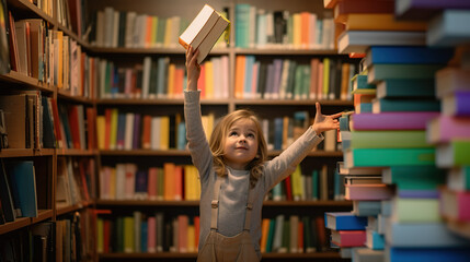 Poster - A little girl holding a book in front of a bookshelf. AI generative image