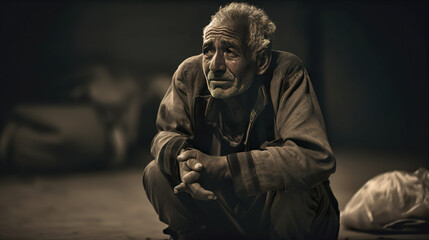 Poster - An old man sitting on the ground in a dark room. AI generative image