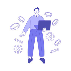 Sticker - Successful Business Man Character with Laptop Making Deal and Money Earning Vector Illustration