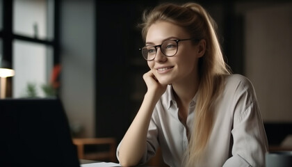 Sticker - Confident businesswoman smiling at computer in office generated by AI