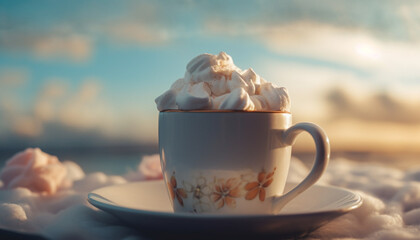 Canvas Print - Fresh cappuccino on wooden table by the sea generated by AI