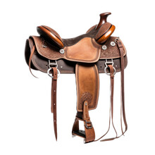 An Authentic Western Saddle With Latigo Leather And Various Color, Style, And Appointments, Western-themed, Photorealistic Illustrations In A PNG, Cutout, And Isolated. Generative AI