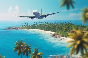 Aerial view of tropical islands and coastline with white passenger airplane, generative AI