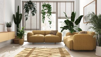 Wall Mural - Home garden love. Minimalist contemporary living room interior design in white and yellow tones. Parquet, sofa and many house plants. Urban jungle, indoor biophilia idea