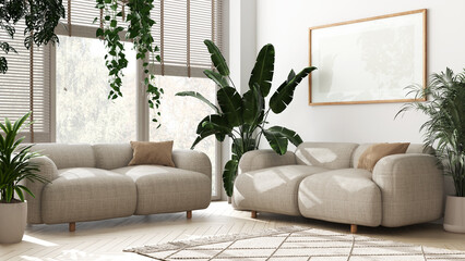 Wall Mural - Plants lovers concept. Modern minimal living room in white tones. Parquet, sofa and many house plants. Urban jungle interior design idea