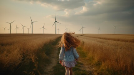 Wall Mural - Adorable girl standing in wind turbine field. Green alternative energy, Generative AI