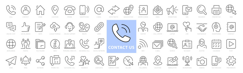 Aufkleber - Set of 60 Contact Us web icons in line style. Web and mobile icon. Chat, support, message, phone. Vector Illustrations
