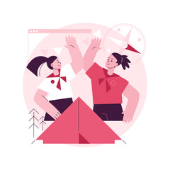 Poster - Summer camp for kids abstract concept vector illustration. International camp, online virtual program, meet new friends, socializing, scout camping, drop-ins and workshops, abstract metaphor.