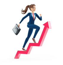 3d Cartoon Businesswoman With Briefcase Running On Growing Arrow