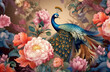 Seamless Floral Leather and Peacock Wallpaper - Exotic Oriental Design for Interior Mural Decor, generative AI
