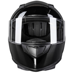 front view of black motorcycle carbon integral crash helmet isolated white background. motorsport car kart racing transportation safety concept