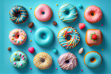 Assorted donuts on pastel blue background. Generative Ai