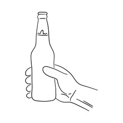 Hand holding a bottle beer in doodle style. Icons sketch hand made. Vector.