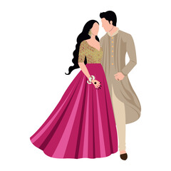Wall Mural - Vector vector cute indian couple cartoon in traditional dress posing for wedding invitation card design	