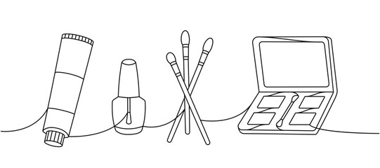 Makeup tools one line continuous drawing. Cosmetic cream, nail polish, brushes, makeup palette continuous one line illustration.