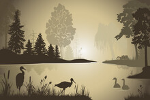 Forest Landscape  With Trees, Lake And Crane Birds Silhouettes, Sunset, Sunrise, Dark Yellow And Green Background, Vector Illustration.